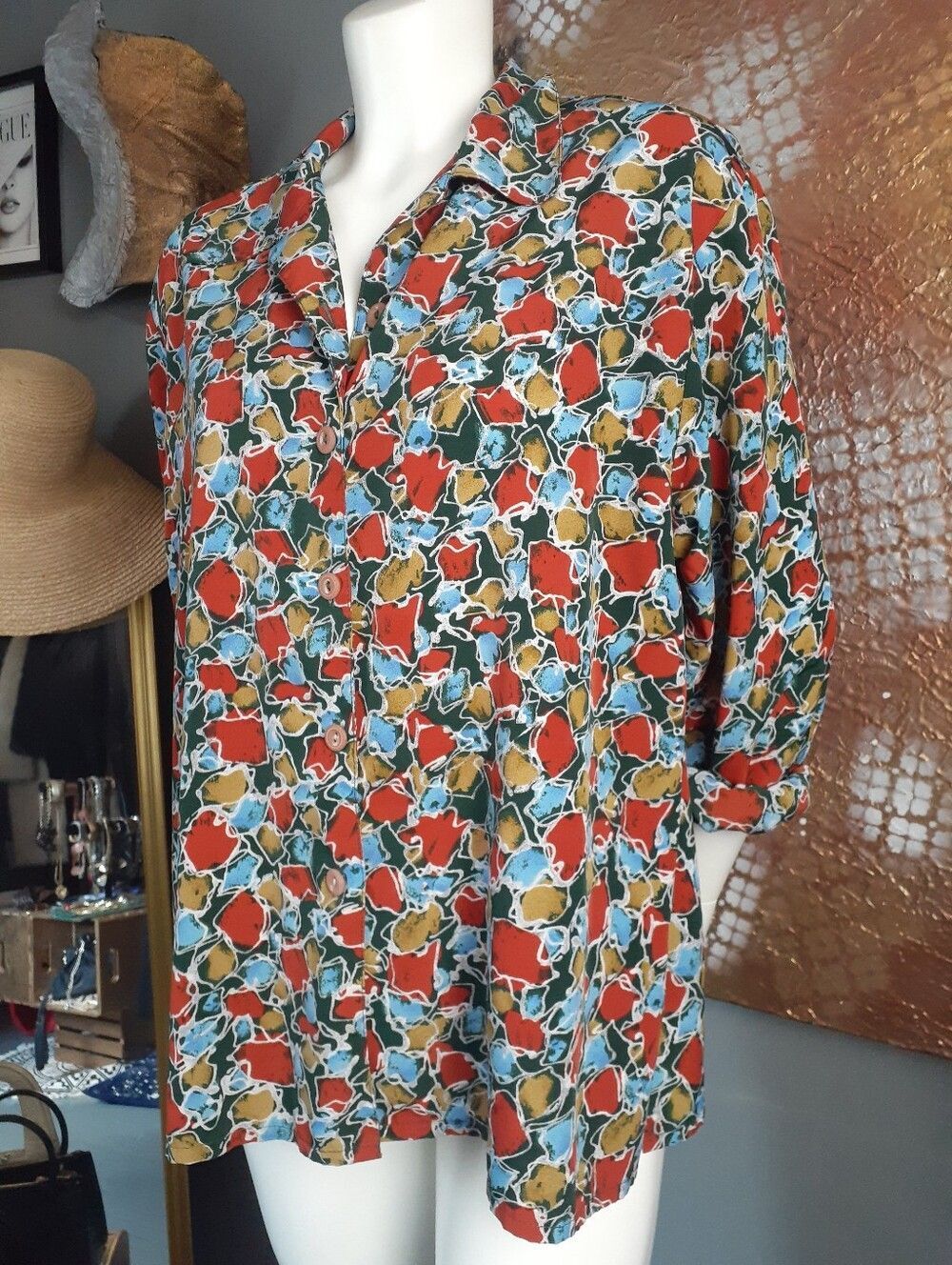 Vintage 1980s Relaxed Fit Multicolor Print Women's Shirt - Rust, Blue & Mustard